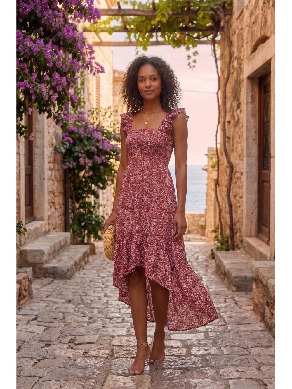 AREA Stars Floral Smocked Ruffle Hi-Low Maxi Dress (Size XS)